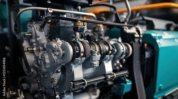 Obraz High-detail shot of diesel engine generator belt system, highlighting the tension and alignment of components.