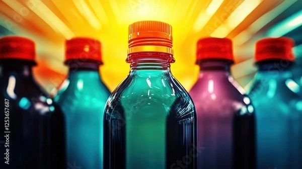 Fototapeta Colorful Bottles with Bright Caps Surrounded by Vibrant Rays of Light