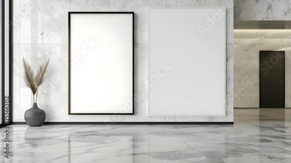 Fototapeta A contemporary hotel foyer with a minimalist design, marble floors, and a large white frame as a statement piece.