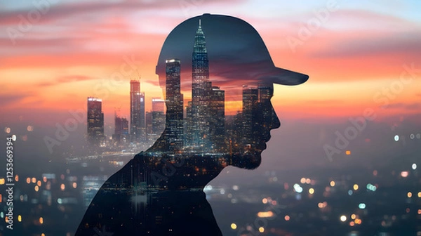 Fototapeta Silhouette of a man against a vibrant cityscape sunset urban landscape photo evening profile view reflection of dreams