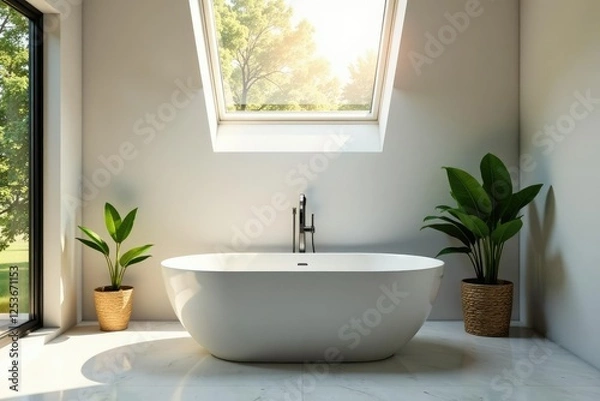 Obraz Soft morning light pours through a skylight above a freestanding tub, glass, water, reflection