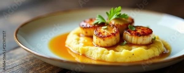 Obraz Mashed potatoes topped with a layer of pan-seared scallops and golden brown sauce, mashed potatoes, culinary, flavor