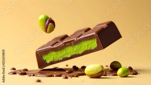 Obraz Levitation of Dubai chocolate bars with vibrant green pistachio paste and fresh pistachio on beige  background
