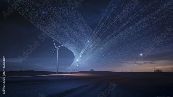 Fototapeta digital cascade of dots forms wind turbine against night sky, creating futuristic and serene landscape. scene captures essence of renewable energy and technological advancement