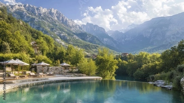 Fototapeta Serene Mountain Resort Pool with Stunning Views