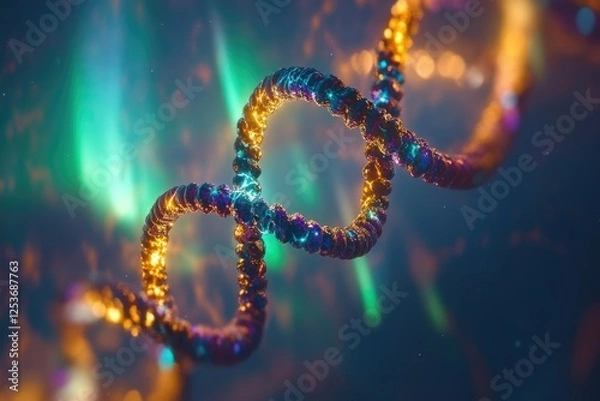Obraz A mesmerizing 3D rendering of a DNA double helix, glowing with vibrant, cosmic energy.