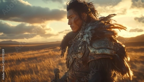 Obraz Warrior stands in a golden field during the golden hour