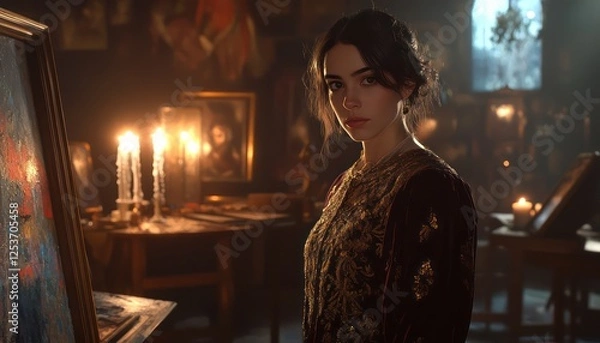 Obraz Woman artist in a dimly lit studio with painting