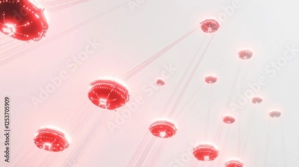 Fototapeta Global network, glowing red warning signals, high-tech design, isolated on white background, copy space.