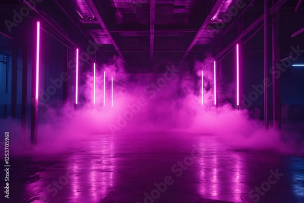 Fototapeta Dark warehouse with pink neon lights, smoke-filled atmosphere, creating a music video vibe with an empty room.