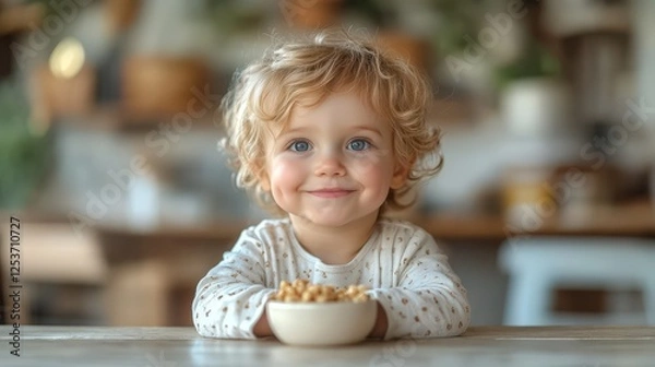 Fototapeta Happy baby eating healthy breakfast of cereal at home