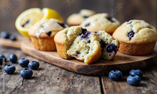 Obraz Sweet Blueberry and Lemon Muffins with Zesty Lemon Glaze