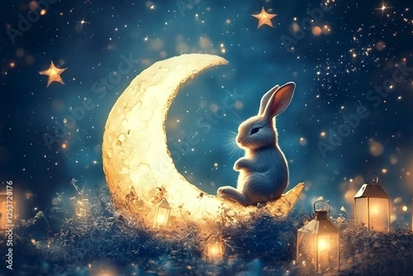 Fototapeta Dreamy Bunny Sitting on a Glowing Moon.