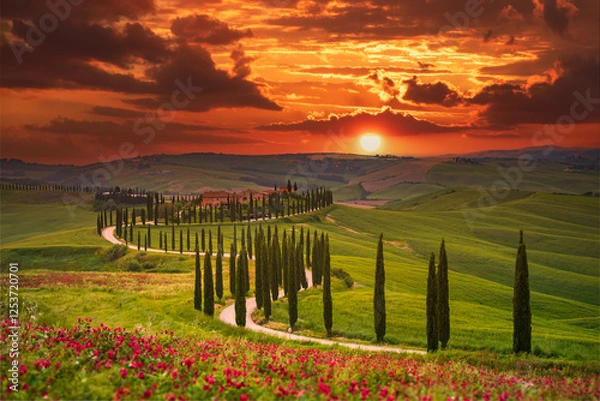 Fototapeta Tuscany, Italy. Sunset with typical Tuscan landscape, rows of cypress trees in spring season, sunset colored nature.
