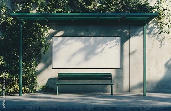 Fototapeta Blank White Poster Mockup on Outdoor Bus Stop with Green Metal Frame and Roof Side View in High