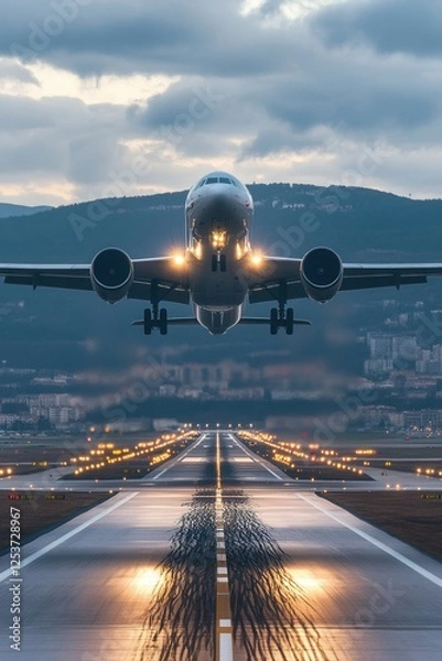 Fototapeta An airplane takes off from an illuminated runway at dusk, creating a striking contrast with the night sky. A dramatic flight scene with powerful lighting and runway markings.