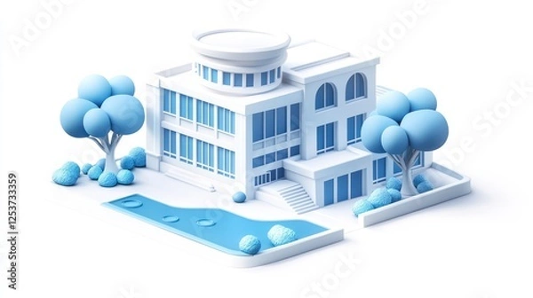 Fototapeta 3D model of a modern house with blue trees and a pond, perfect for real estate or architectural presentations