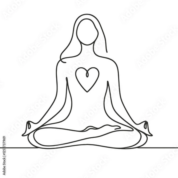 Obraz Minimalist one-line drawing of a woman meditating in lotus pose with a heart symbol on her chest. Elegant continuous line art representing mindfulness, inner peace, self-love, yoga, and spiritual well