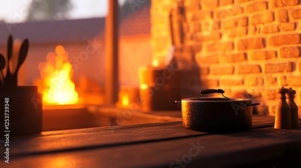 Fototapeta Cozy outdoor kitchen scene at sunset, featuring a simmering pot, warm fire, and rustic surroundings