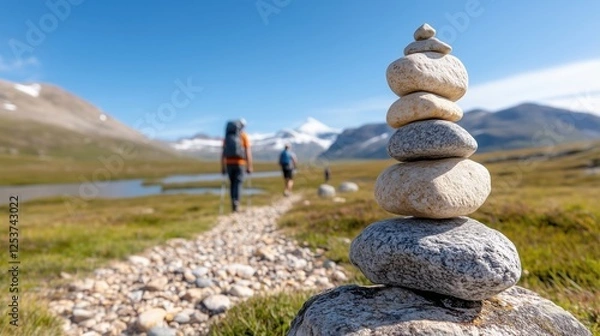 Fototapeta Mountain Tranquility: Stone Cairn Hikers and Peaceful Path Symbolizing Balance and Adventure in Nature's Embrace Mindfulness and Reflection
