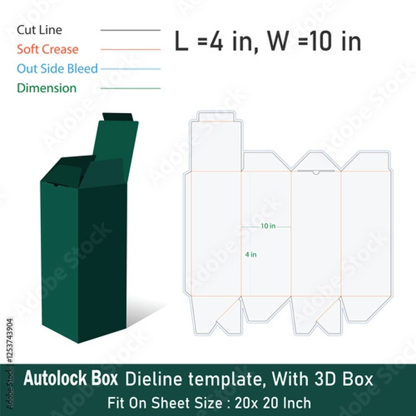 Fototapeta Autolock box Size 4 x 10 in, Dieline template, With 3D Box, Vector File