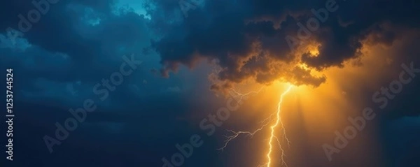 Obraz Dark stormy sky with yellow lightning striking on a blue cloud, weather, yellow, blue