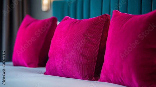 Fototapeta Bold fuchsia decor closeup in a trendy hotel, featuring vibrant color and sleek design elements that create an energetic and modern style statement.