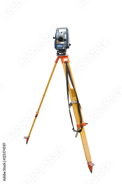 Fototapeta Tachymeter on tripod a total station or TST (total station theodolite) is an electronic/optical instrument used in modern surveying and building construction isolated on white background.