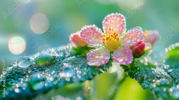 Fototapeta Macro Close-Up of a Dew-Covered Pink Flower and Leaf in Soft Morning Light, with Sparkling Bokeh Highlights and a Natural Green Background