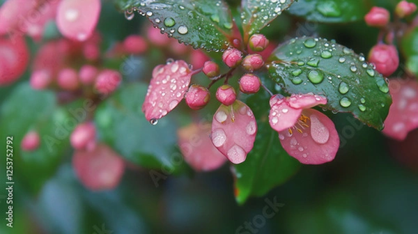 Fototapeta Dew-Covered Pink Flower Buds and Green Leaves in Vibrant Natural Light, Captured with a Soft Focus Background for a Tranquil Botanical Scene