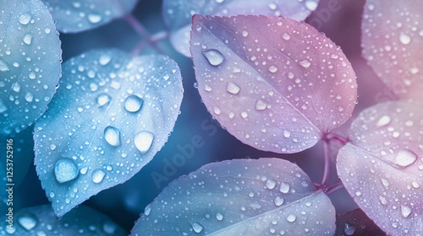 Fototapeta Macro Photography: Water Droplets on Delicate Pastel Leaves, Dreamy Soft Focus, Natural Light, Close-up, Depth of Field, Fine Details