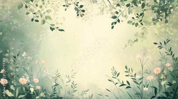 Fototapeta Serene Watercolor Botanical Background with Greenery and Soft Floral Elements