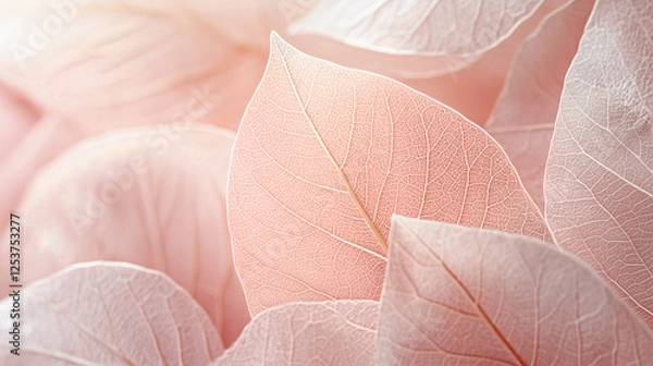 Fototapeta Delicate Transparent Skeleton Leaves in Soft Pastel Pink, Macro Nature Background with Intricate Veins and Elegant Texture