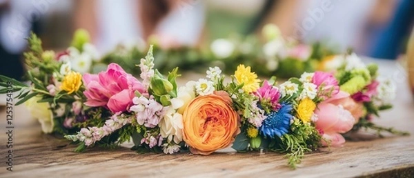 Fototapeta A beautifully crafted flower crown rests elegantly on a table, showcasing vibrant blooms and delicate greenery, perfect for any celebration or event.