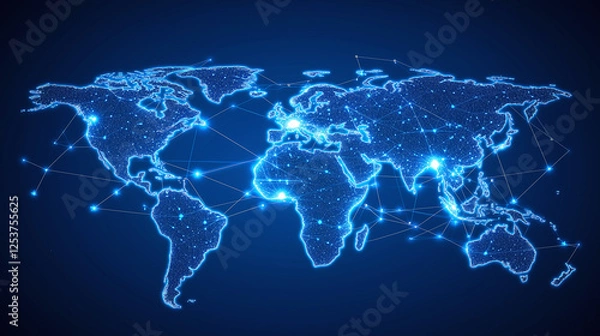 Fototapeta Global network illustration: World map illuminated with interconnected dots and lines, showcasing worldwide connectivity and digital infrastructure.