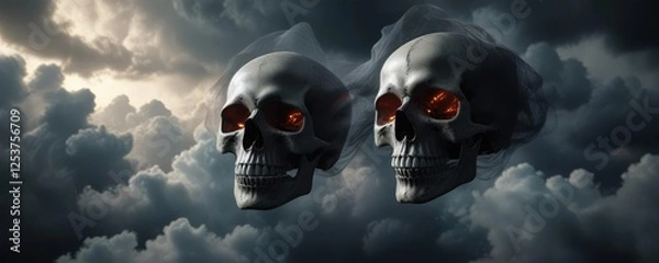 Fototapeta A lone skull suspended in mid-air as it slowly descends into a veil of dark, foreboding clouds, lonely spiral, foreboding horizon