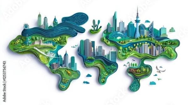 Fototapeta Colorful illustration of a sustainable world blending nature and urban life.