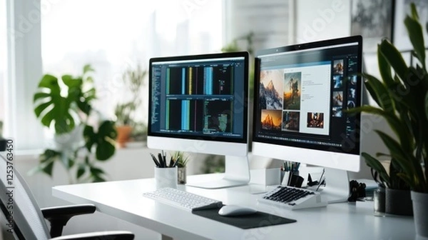 Obraz Modern Workplace with Two Computer Monitors