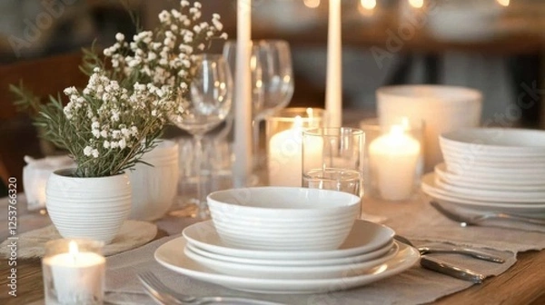 Fototapeta Festive dining table set with elegant tableware, glowing candles, and fresh flowers for a special gathering. Generative AI