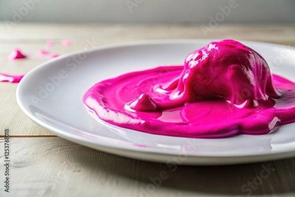 Fototapeta A close-up of fuchsia gooey slime oozing out from under a cracked white ceramic plate, scientific mistake, hazardous waste, isolated, food contamination, spill