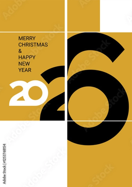 Fototapeta A unique holiday greeting combines bold typography and a modern color palette, wishing viewers a Merry Christmas and Happy New Year for 2026 amidst a stylish layout.