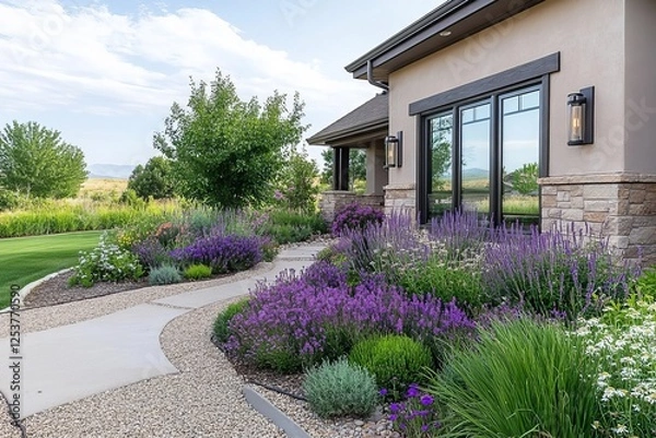 Fototapeta Scenes of a front yard garden with a xeriscape design, featuring drought-tolerant plants, gravel pathways, and a water-efficient landscape