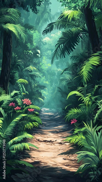 Fototapeta Exploring the Lush Jungle: A Serene Path Through Vibrant Greenery, Thick Foliage, and Exotic Tropicals in a Peaceful Wilderness Landscape for Adventure and Discovery in Nature