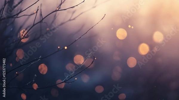 Fototapeta Muted Tones Nature Branches Bokeh Warm Glow Evening. Evening scene. Muted tones and warm colors. Nat