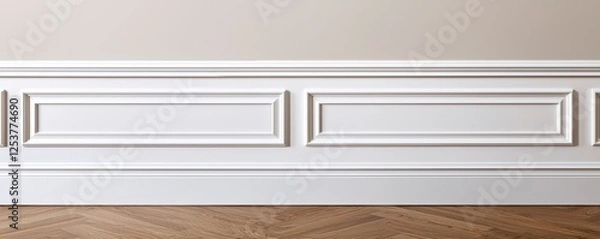 Fototapeta Symmetrical white door against a beige wall with detailed trim and wood floor classy and versatile backdrop for architectural or interior concepts