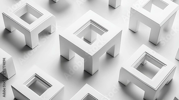 Fototapeta Abstract Geometric Arrangement of White Minimalist Furniture Forms in a Stylish Interior Space