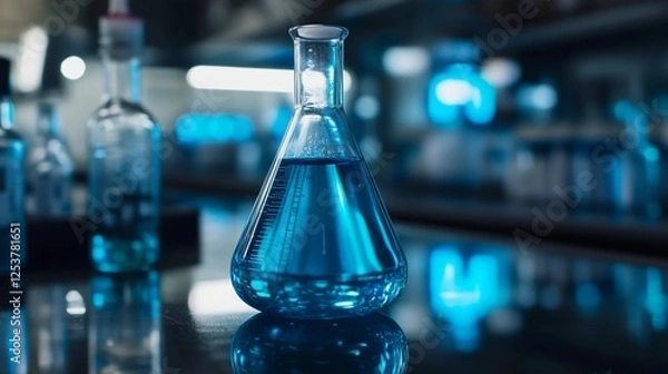 Fototapeta A blue liquid is in a glass beaker on a table. The table is surrounded by other glassware, including bottles and vials. Concept of scientific experimentation and discovery
