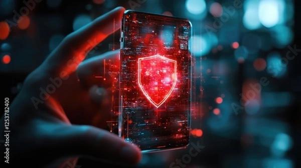 Fototapeta A hand holding a smartphone displaying a glowing shield symbol, representing digital security.