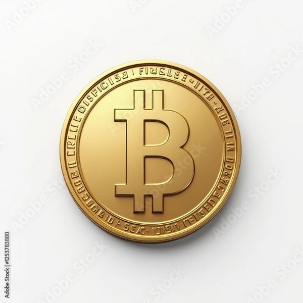 Fototapeta Close-Up of a Detailed Bitcoin Coin in Shimmering Gold Finish on a White Background, Ideal for Representing Cryptocurrency Themes, Digital Investment, and Modern Finance Concepts