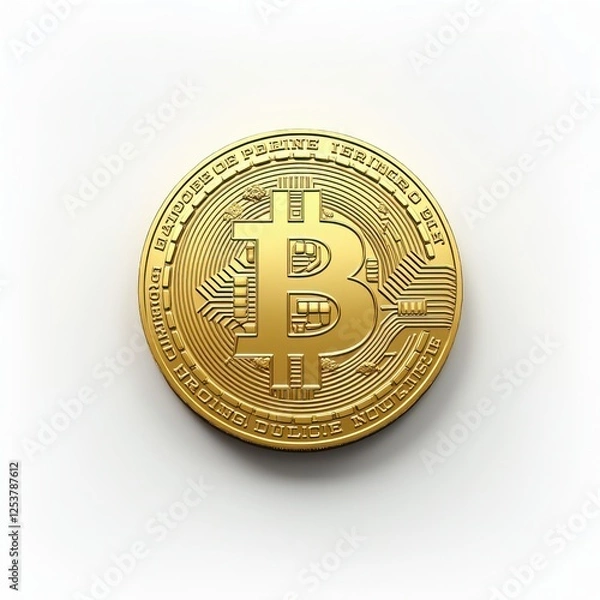 Fototapeta Close-Up of a Detailed Bitcoin Coin in Shimmering Gold Finish on a White Background, Ideal for Representing Cryptocurrency Themes, Digital Investment, and Modern Finance Concepts